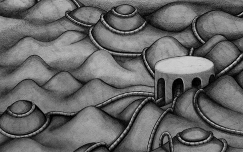 A pencil drawing of a strange silo which grasps the landscape with it’s tentacles 